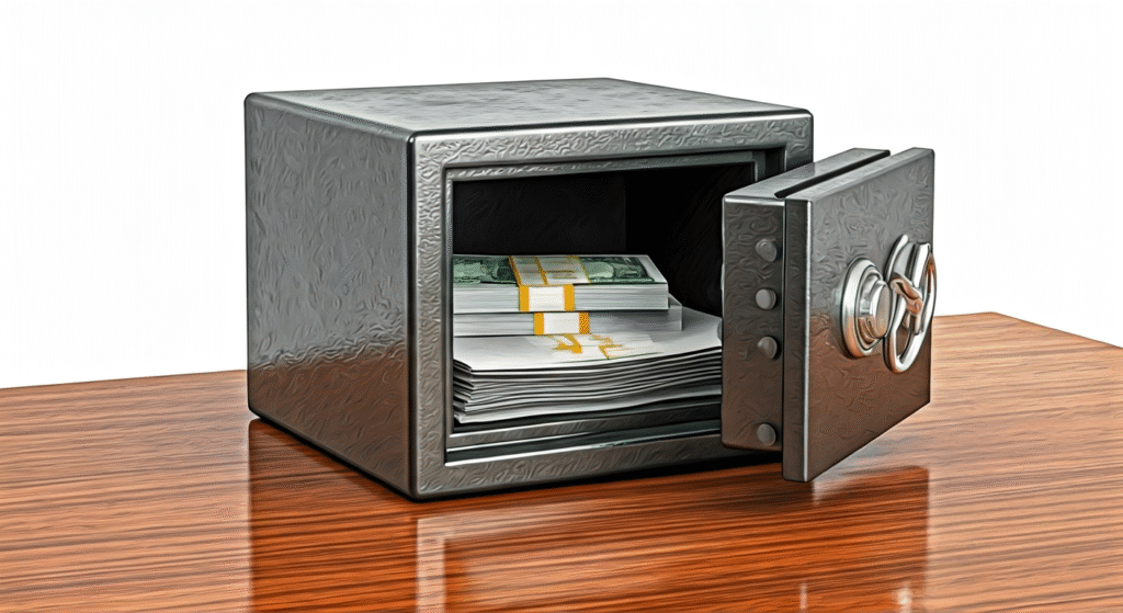 A silver metallic security safe with a textured surface and an open door revealing a dark empty interior, isolated on a white background.