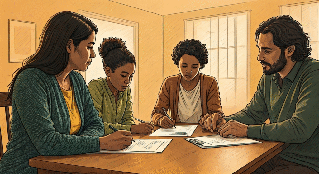 Illustrated sketch of a family of four seated around a wooden table reviewing and signing documents together in a warm, sunlit home setting, symbolizing financial planning or insurance discussions.