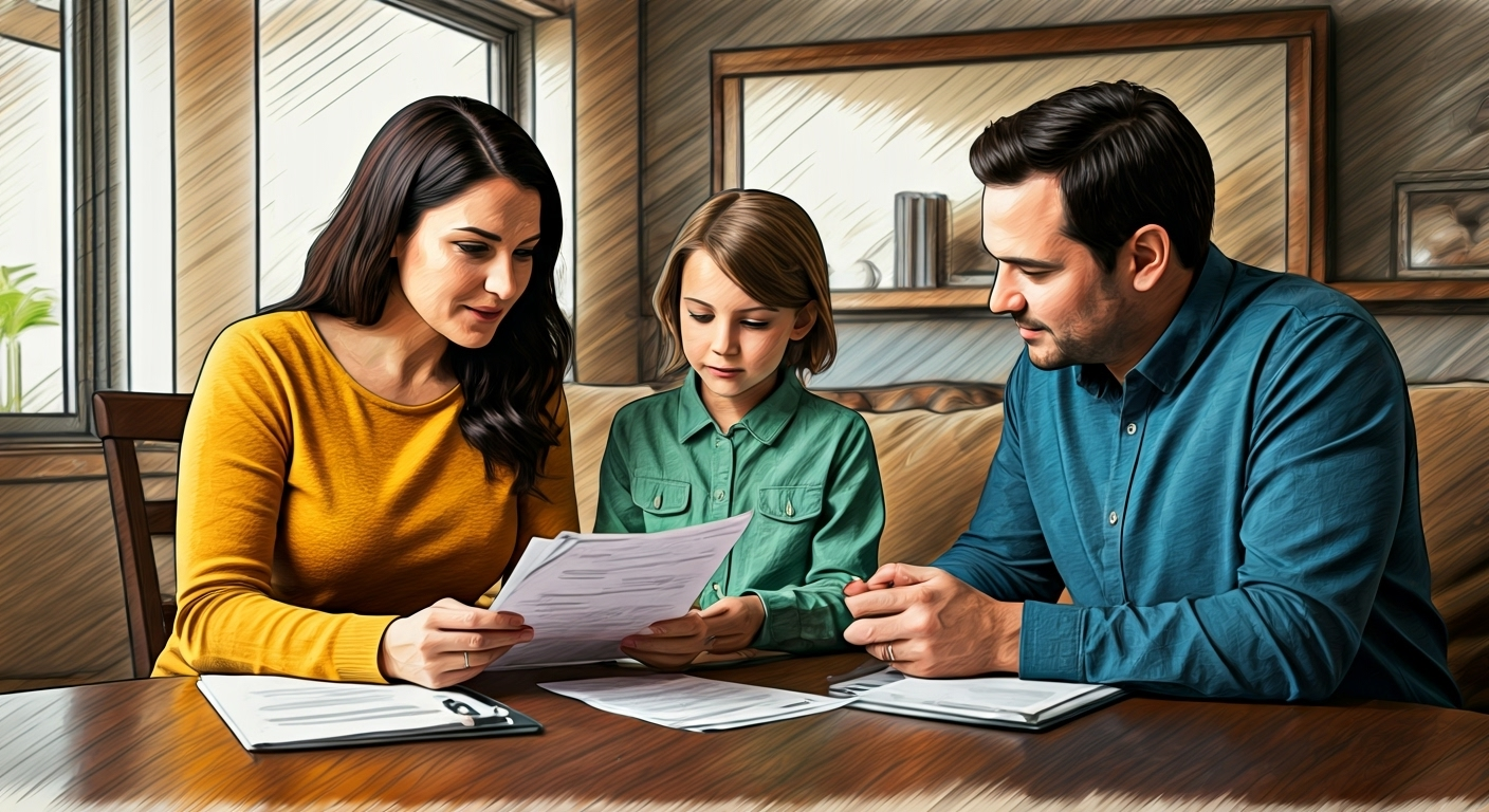 Family reviewing insurance documents