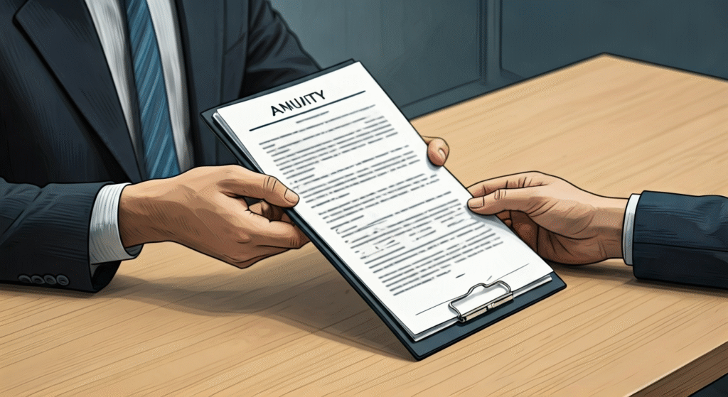 AI generated image showing an annuities broker speaking with a client