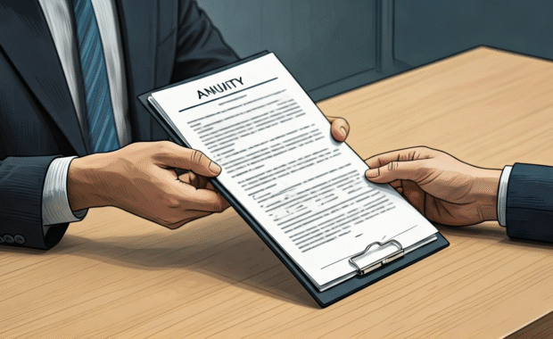 AI generated image showing an annuities broker speaking with a client