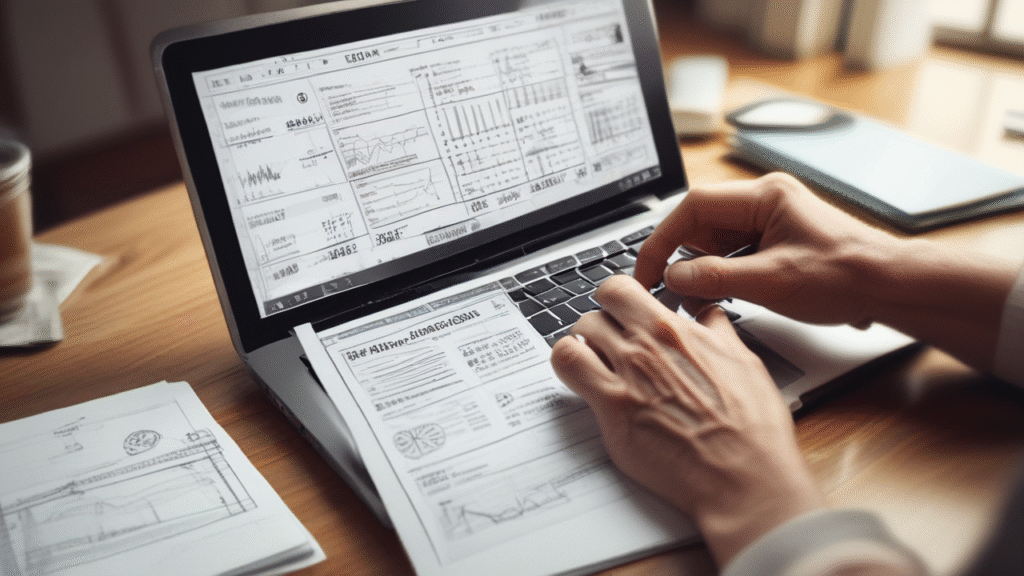 A person typing on a laptop displaying multiple data charts, graphs, and financial documents on screen, with printed papers resting on the keyboard, a coffee cup, and a notebook visible on the wooden desk in the background.