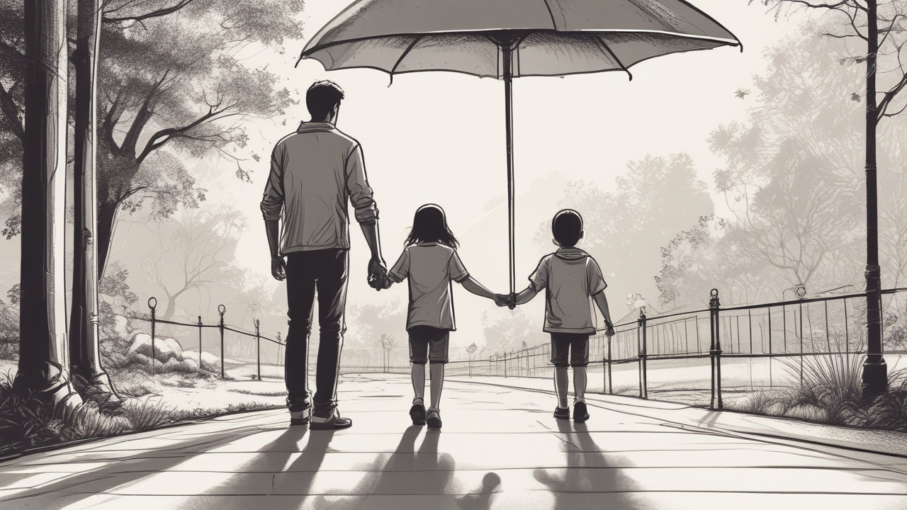 parent protecting child umbrella