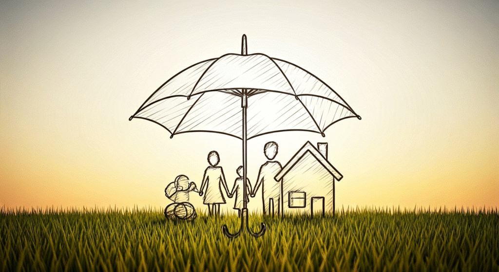 "The top portion of an illustrated open umbrella with sketch-style line details, set against a soft beige background, symbolizing protection and coverage."