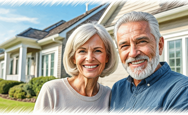 AI generated image of happy couple in front of their house