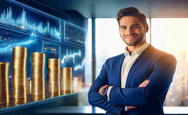 Smiling Agent with Coin Stacks Representing Fixed Index Annuities Concept
