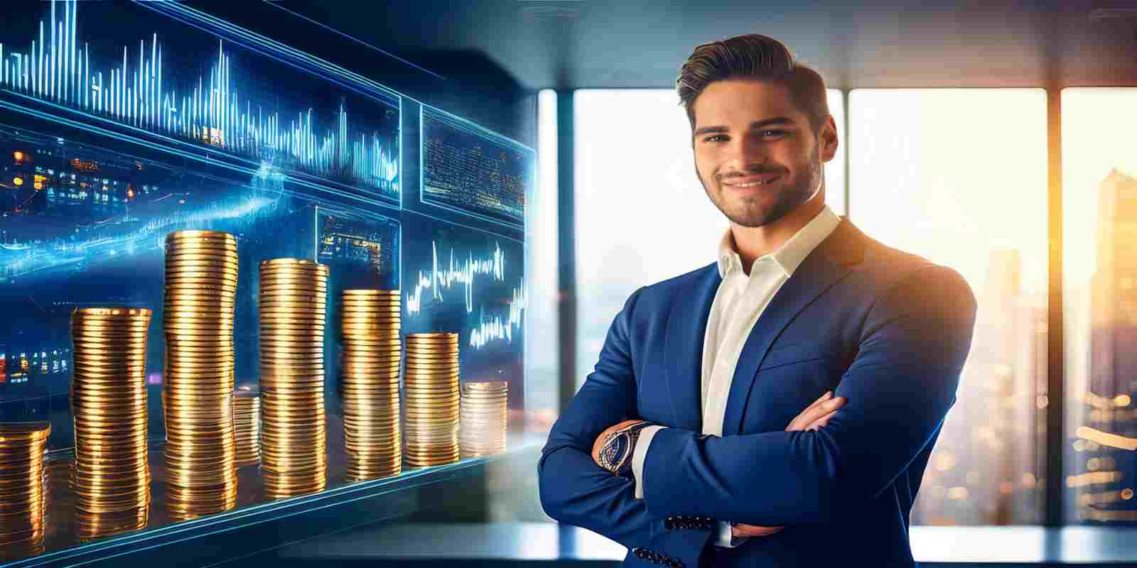 Smiling Agent with Coin Stacks Representing Fixed Index Annuities Concept