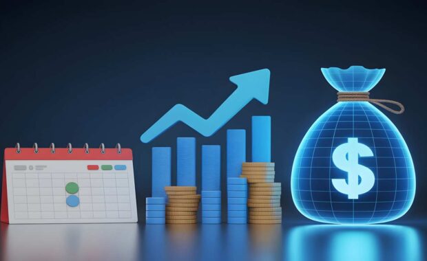 A Calendar Growth Chart Money Bag Representing Retirement Growth