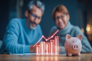 Couple Engaging in Retirement Growth Discussion with Digital Chart and Piggy Bank