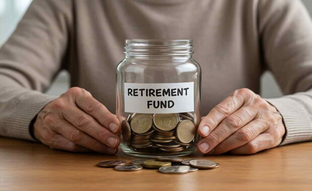 Person Holding Retirement Fund Jar Filled with Coins