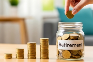 Saving Money for Retirement with Coins and A Jar Labeled Retirement