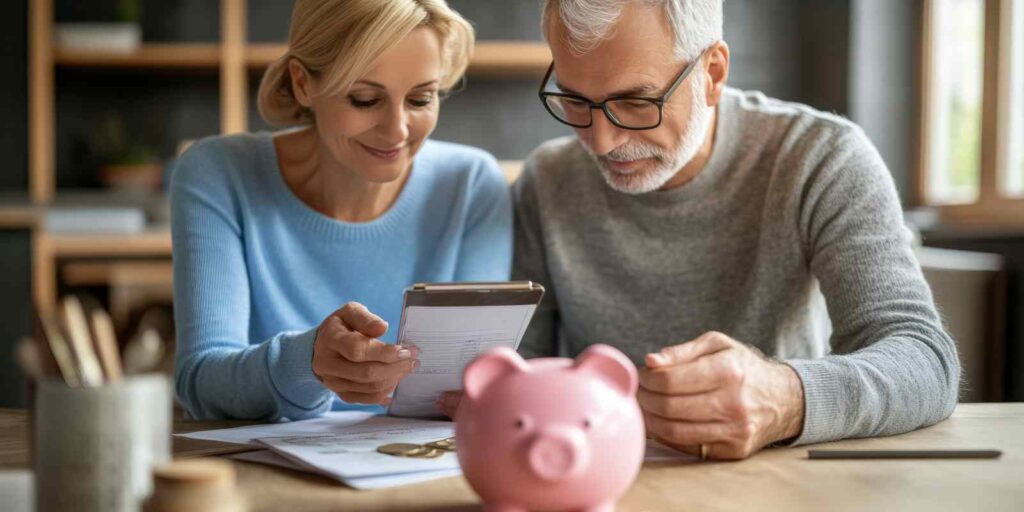 Senior Couple Doing Retirement Planning Together with A Piggy Bank and Coins