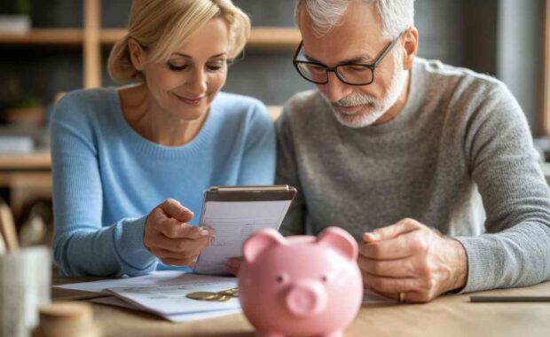 Senior Couple Doing Retirement Planning Together with A Piggy Bank and Coins