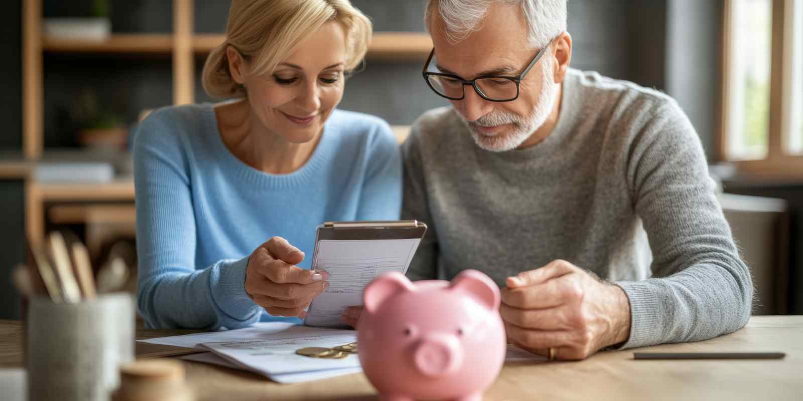 Senior Couple Doing Retirement Planning Together with A Piggy Bank and Coins