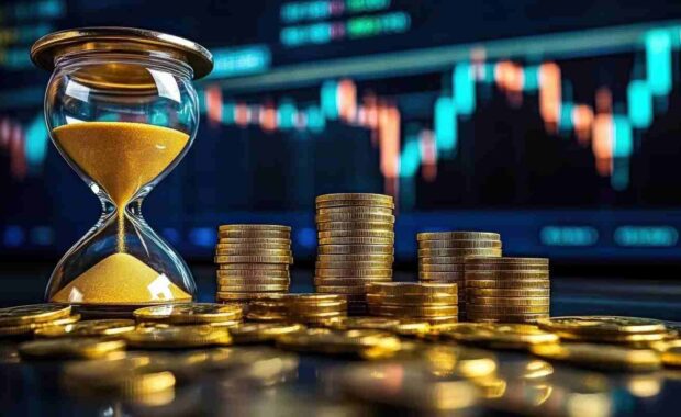 Time and MYGA Holding Concept Through Hourglass with Gold Sand