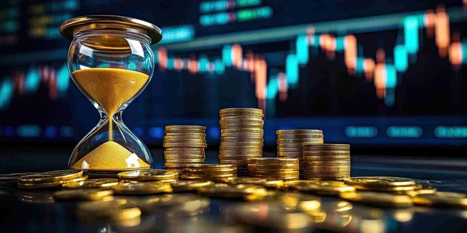 Time and MYGA Holding Concept Through Hourglass with Gold Sand