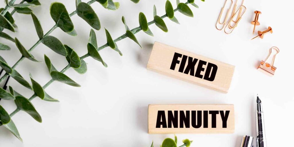 Fixed Annuity Written on Wooden Blocks with Green Leaves
