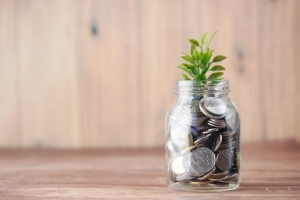 Jar Filled with Coins and A Growing Plant