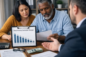 Senior Couple Checking Fixed Annuity Surrender Charges in Financial Advisor Office