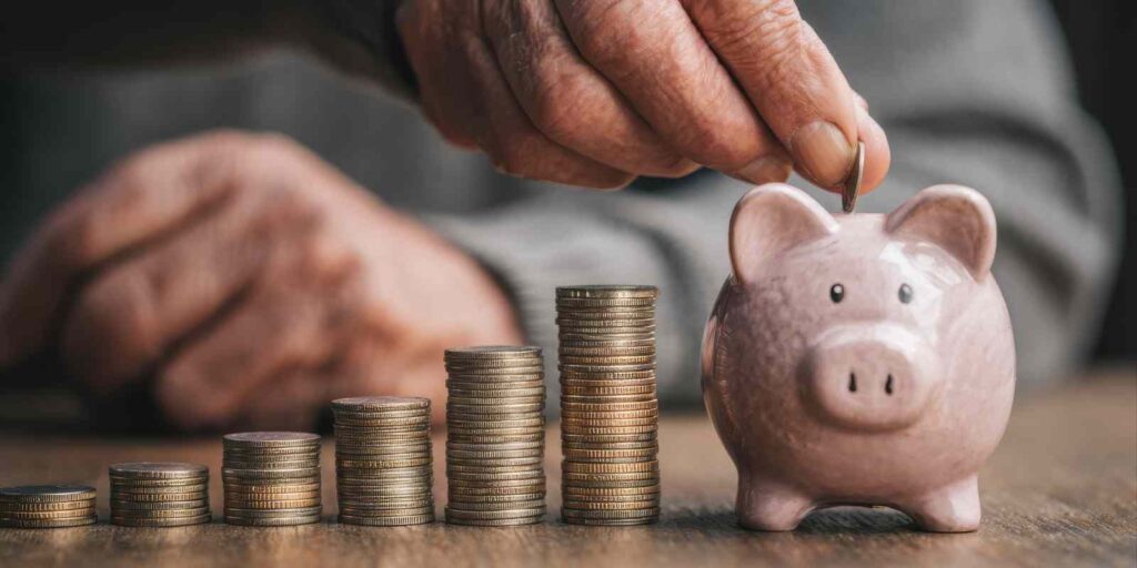 Hand Putting Coin in Piggy Bank Saving Money for Retirement Investment