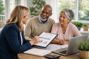Old Couple Discussing Risk Managed Retirement Approach with Financial Advisor