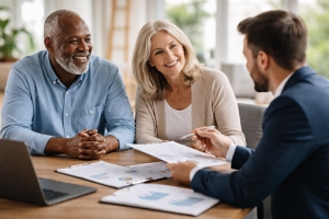 Pre Retiree Couple Talking to Financial Advisor for Choosing Fixed Annuity