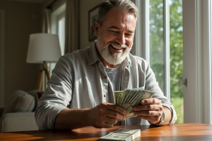 Senior Man Counting Money Earned from Fixed Annuity Investment