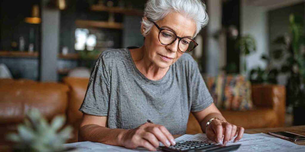 Senior Woman Calculating Annuity Value at the End of Term