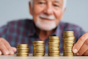 Smiling Old Man with Stacks of Coins Representing Stable Income
