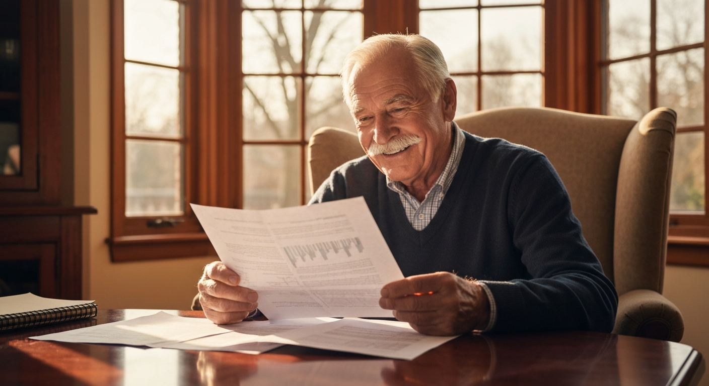 Happy retiree reviewing finances