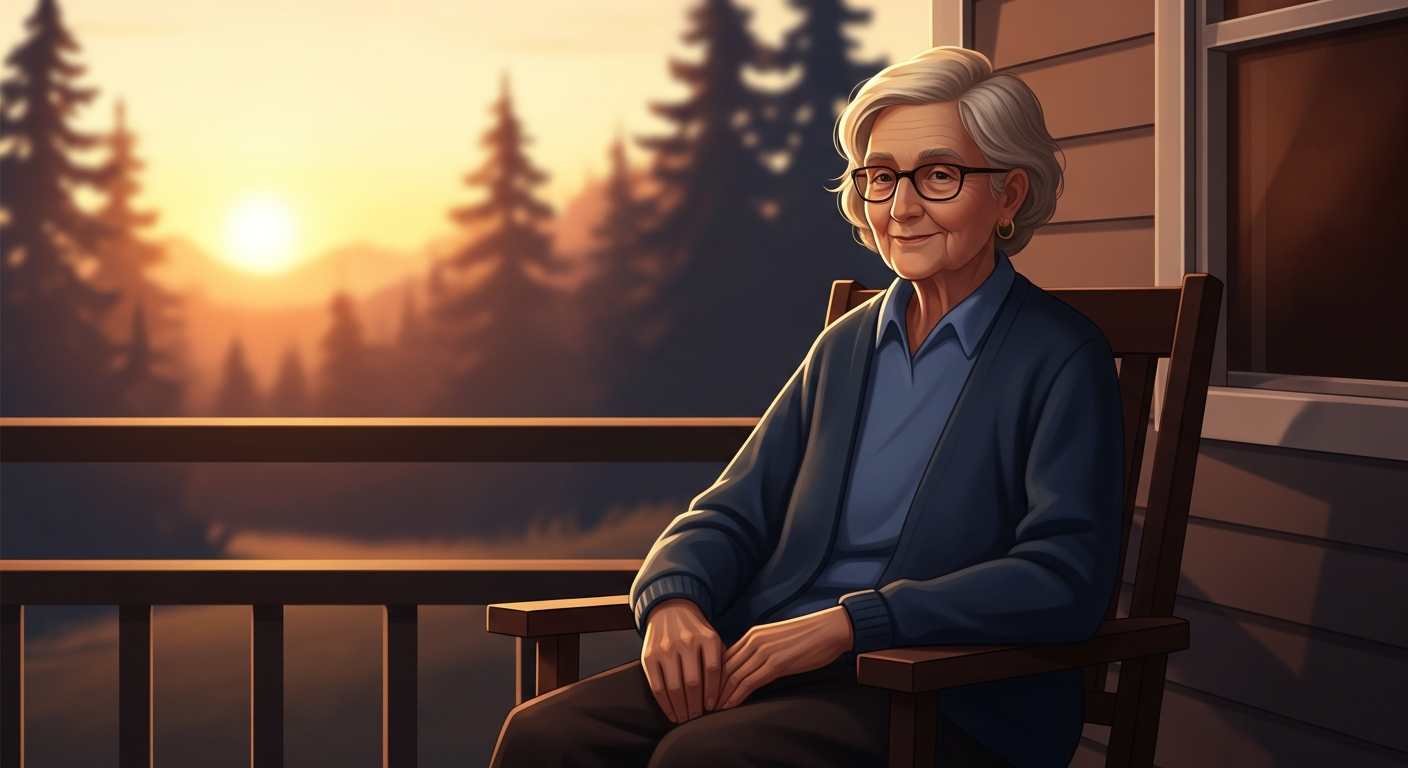 Retiree relaxing on porch at sunset
