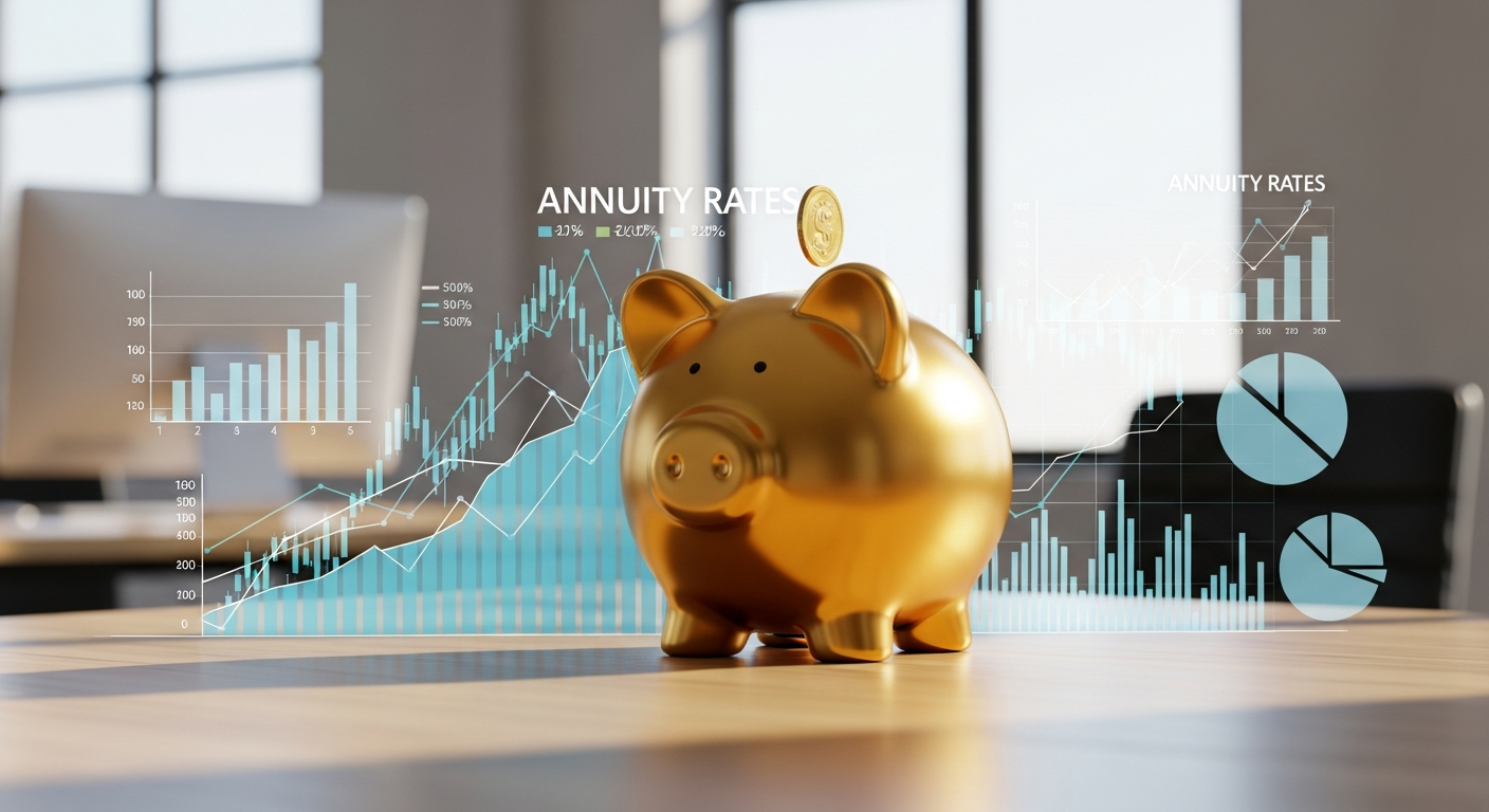Golden piggy bank with annuity charts