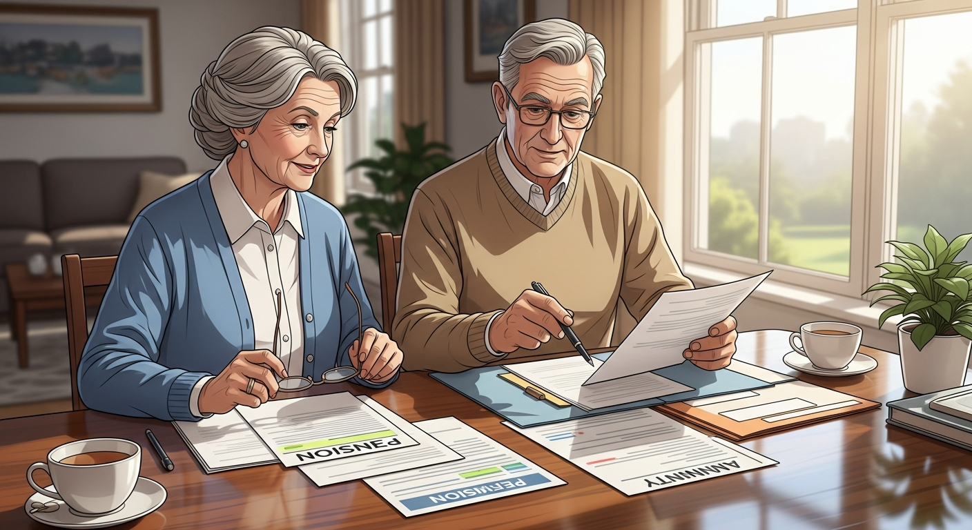 Retired couple reviewing documents.