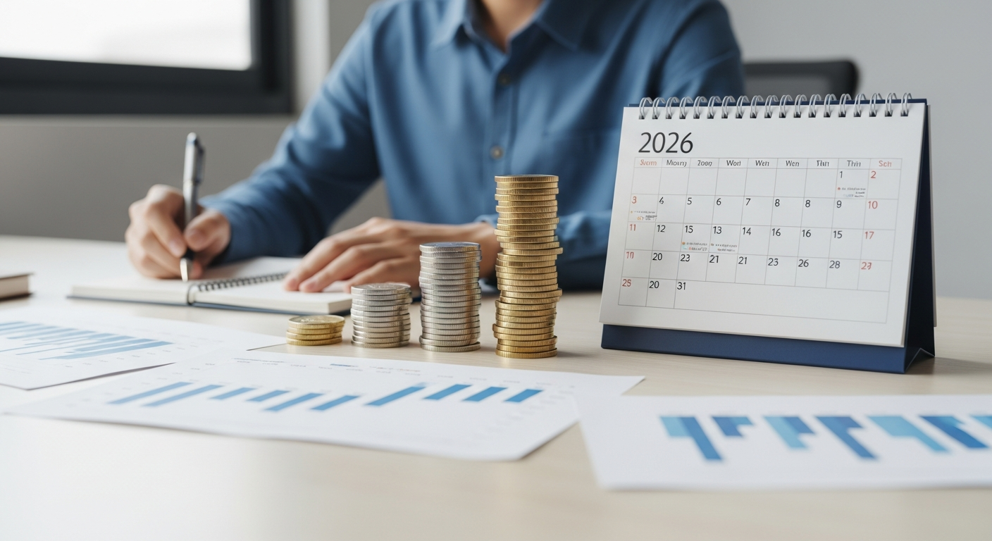 Stacked coins and 2026 calendar