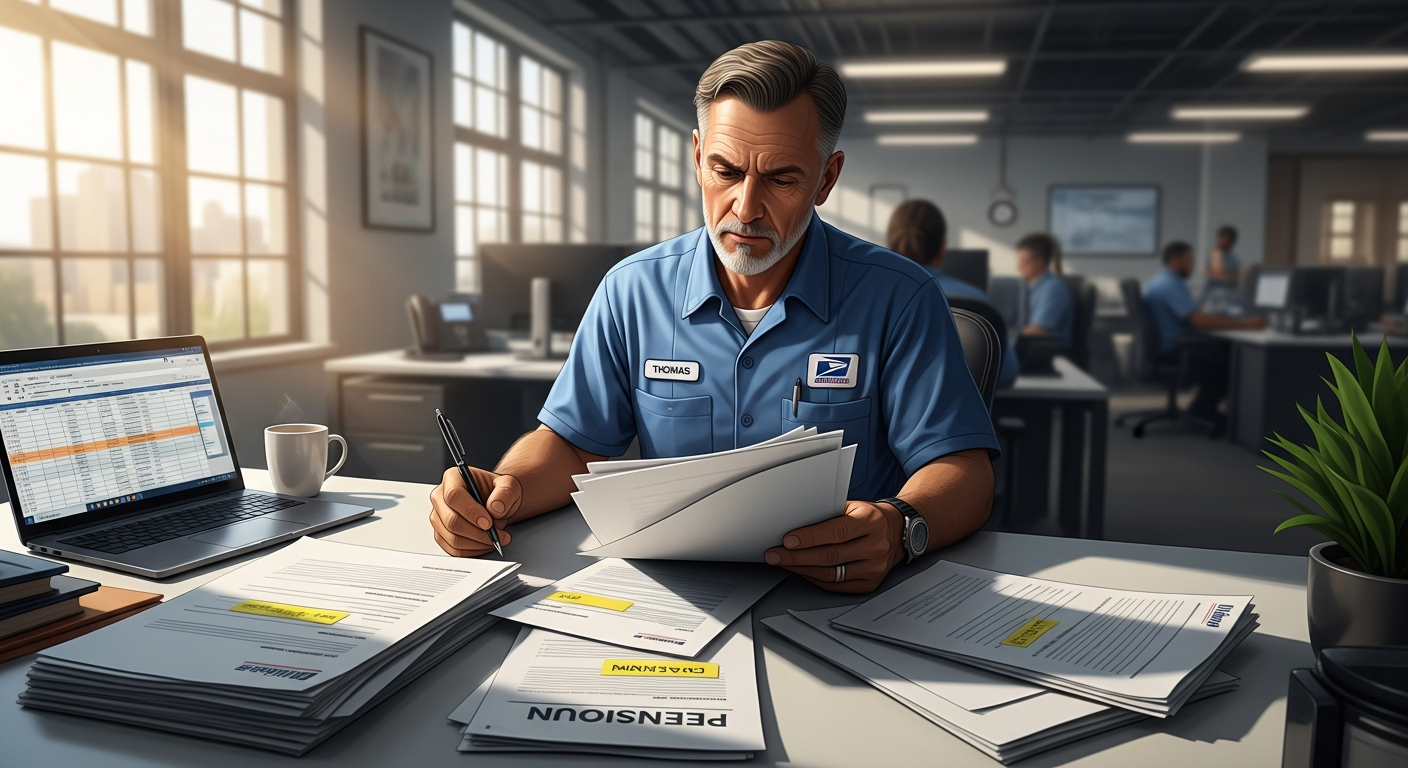USPS worker reviewing pension papers.