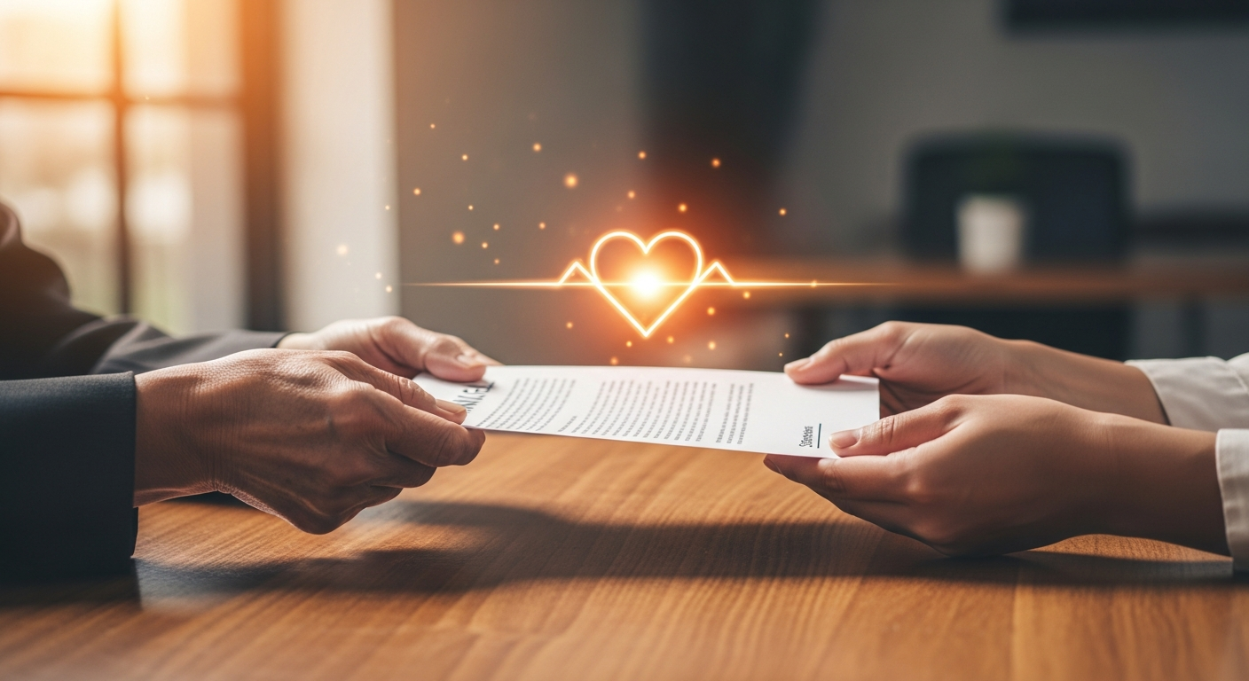 Hands exchanging charity financial document