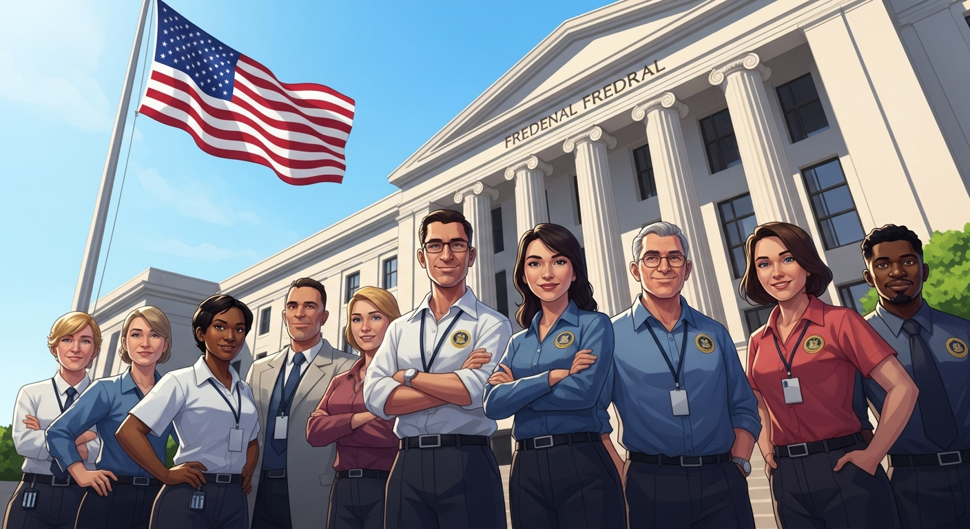 Diverse federal workers outside building.