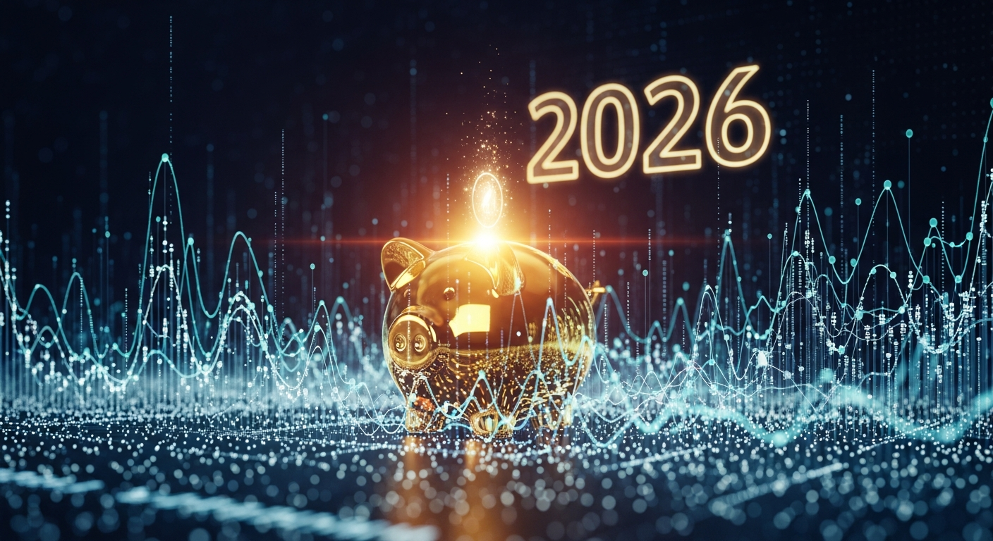 golden piggy bank with 2026 digital charts