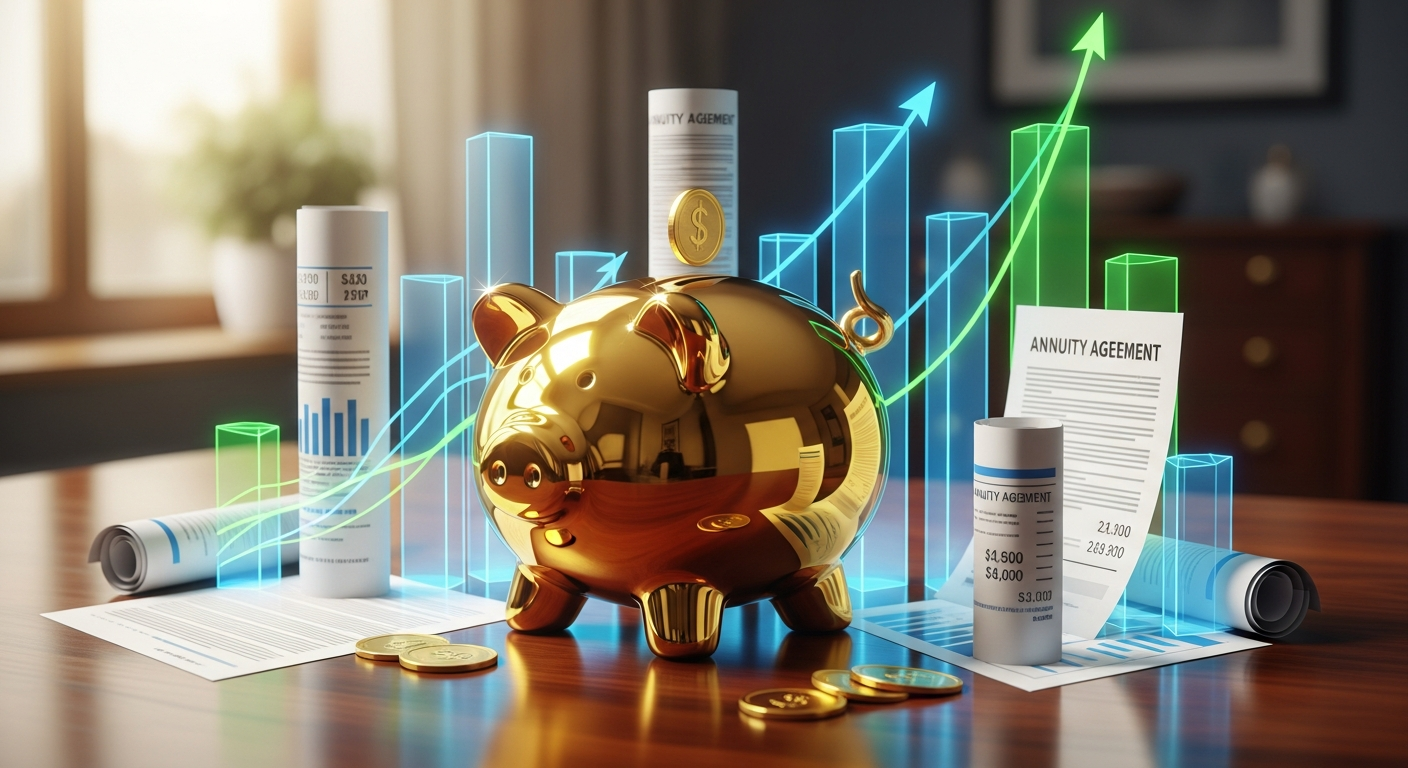 Golden piggy bank with annuity charts