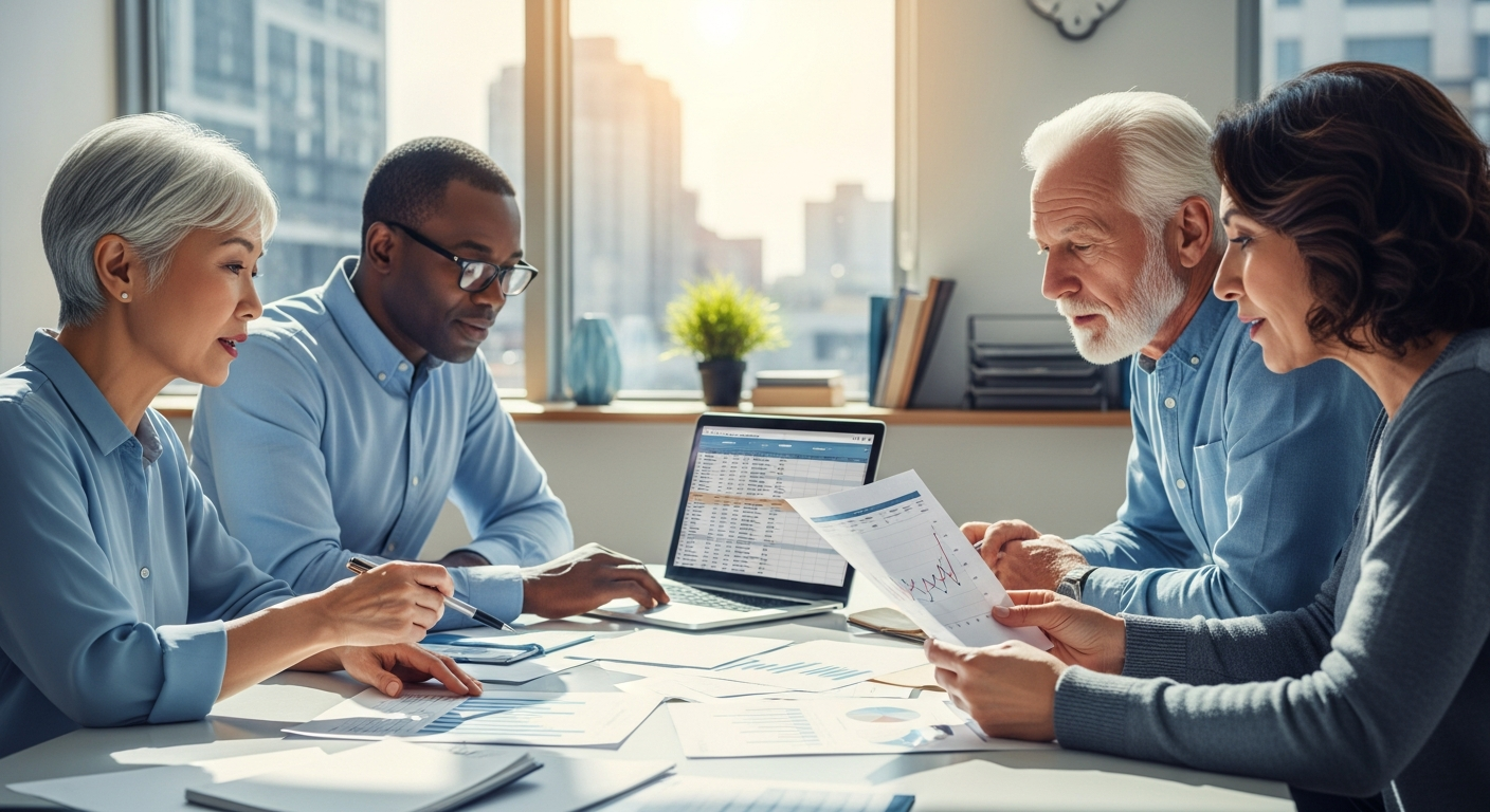 Retirees discussing financial planning.