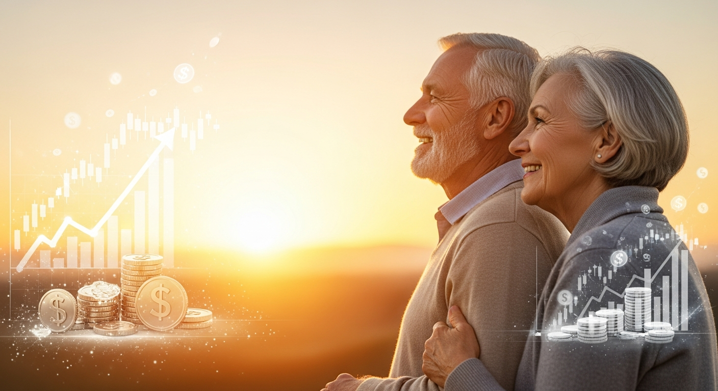 Happy retirees with sunrise background