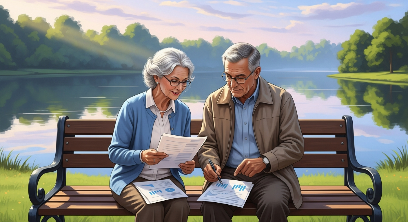 Retired couple reviewing finances outdoors