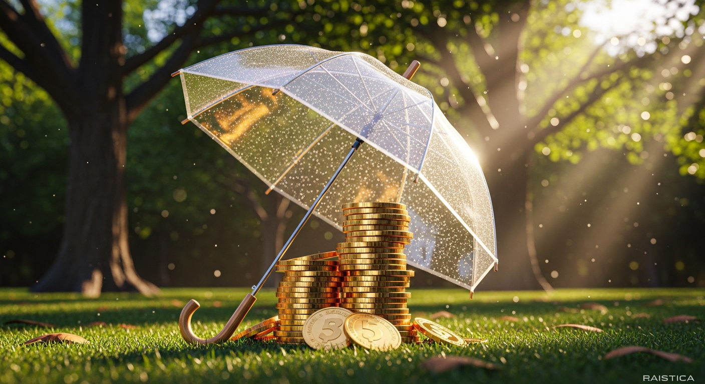 Coins growing under transparent umbrella