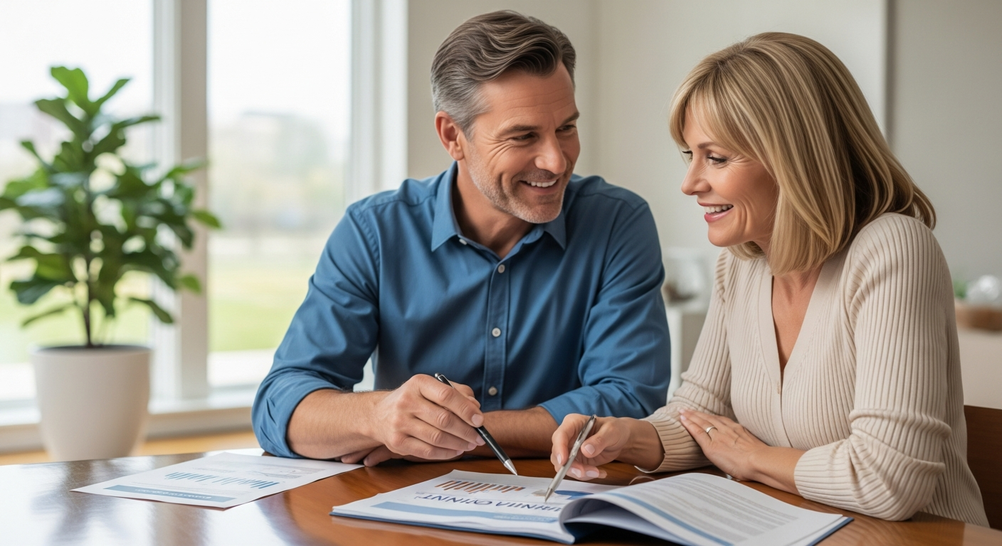 Smiling couple reviewing annuity documents