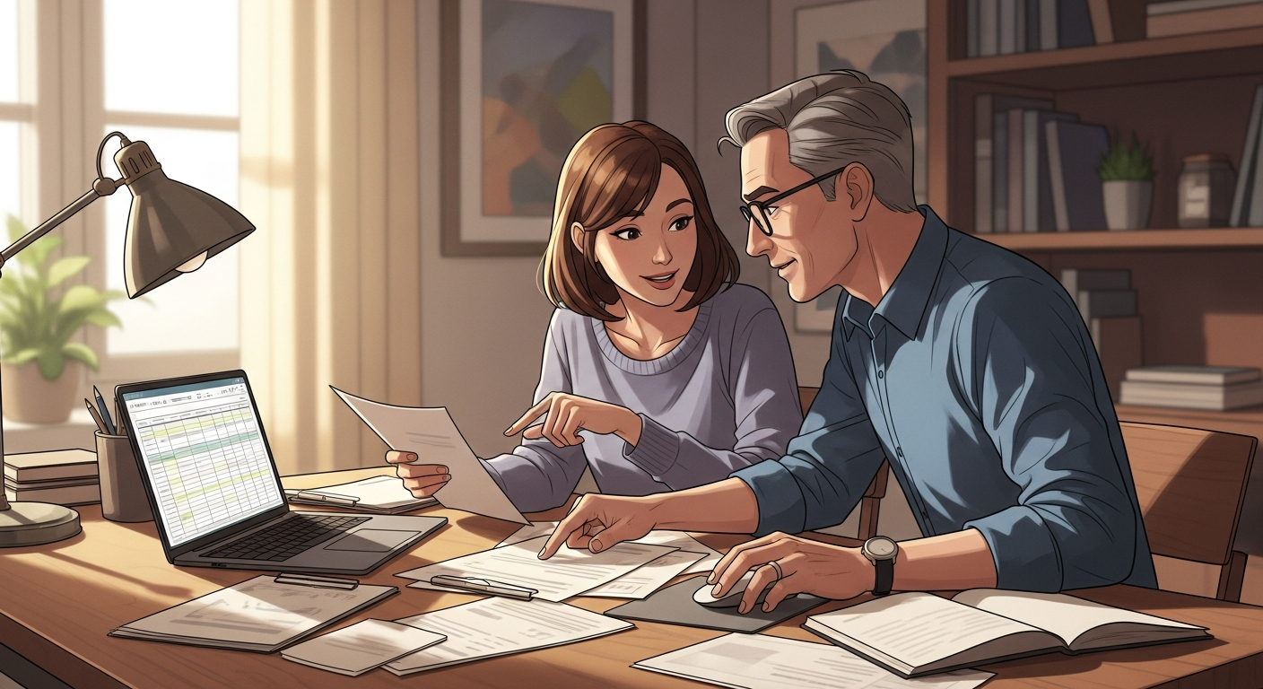 Retired couple reviewing plans at desk