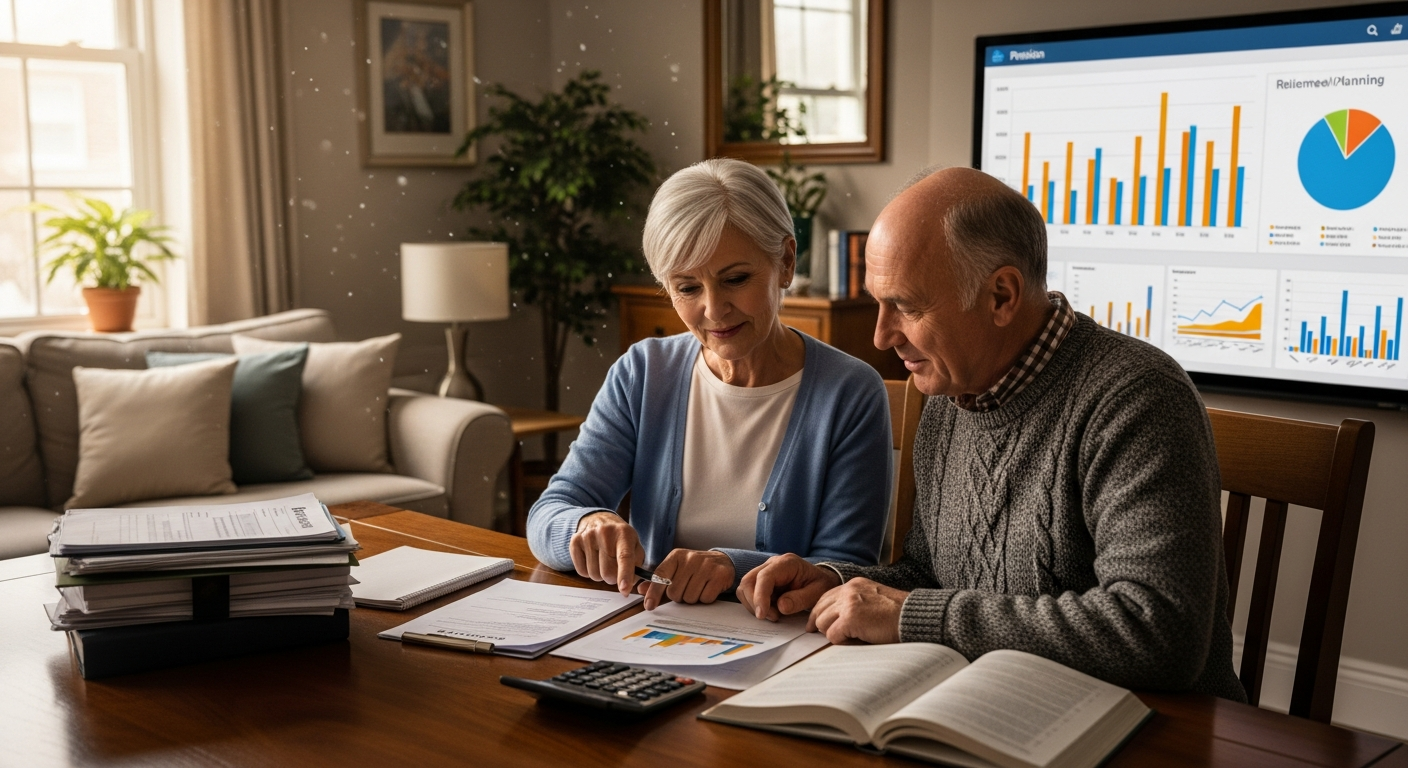 Couple reviewing pension paperwork at home.