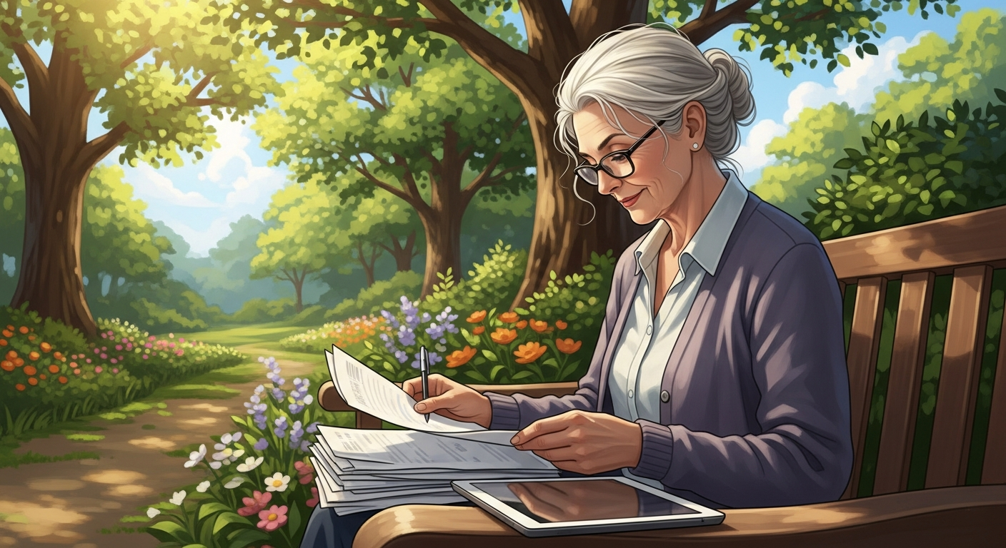 Retiree reviewing finances outdoors