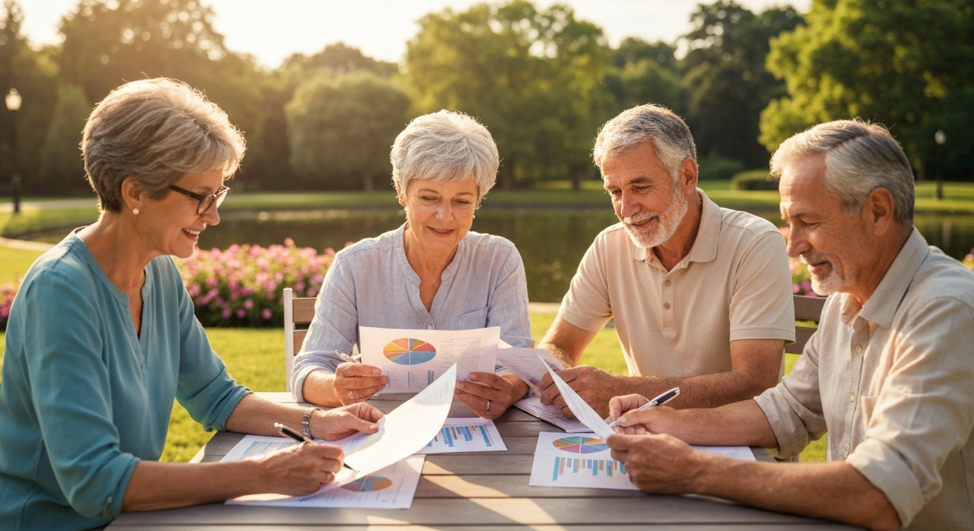 Retirees reviewing annuity charts outdoors