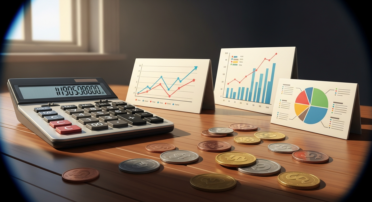 Calculator, charts, and coins illustration.