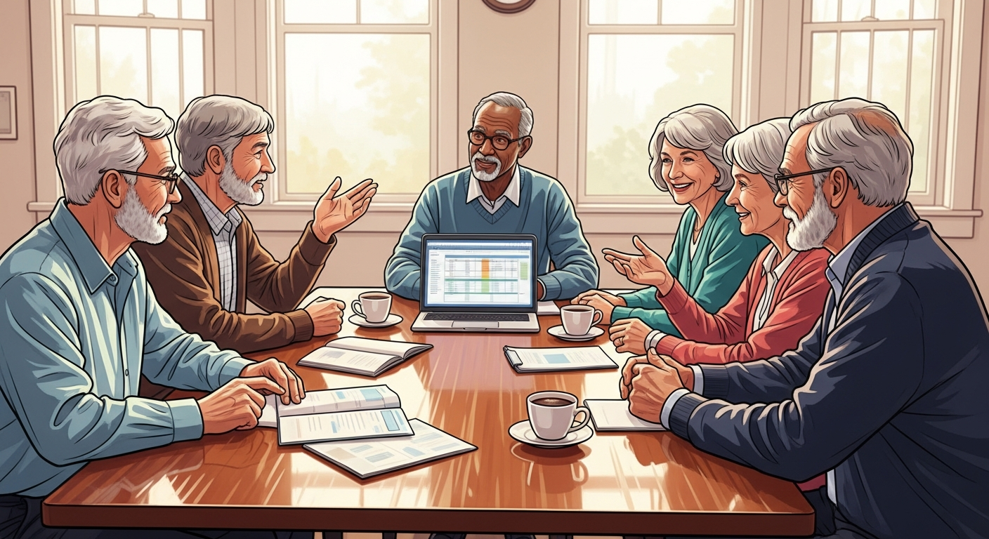 Seniors exploring retirement options together.